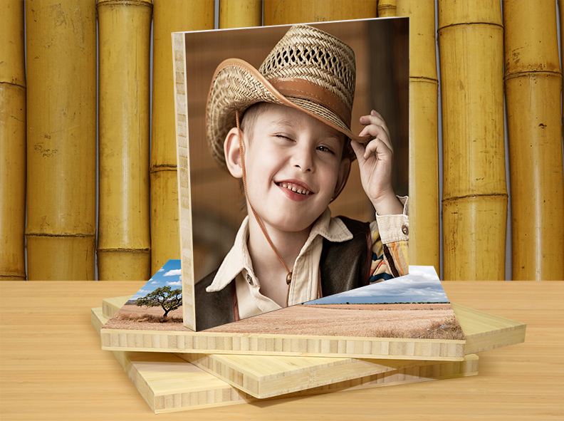 photo of boy wearing cowboy hat printed on bamboo